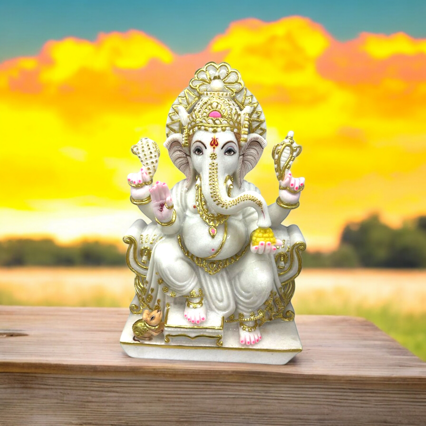 Marble Ganesh Murti Seated on Kamal – Handcrafted Lord Ganesha Idol for Home & Temple Decor