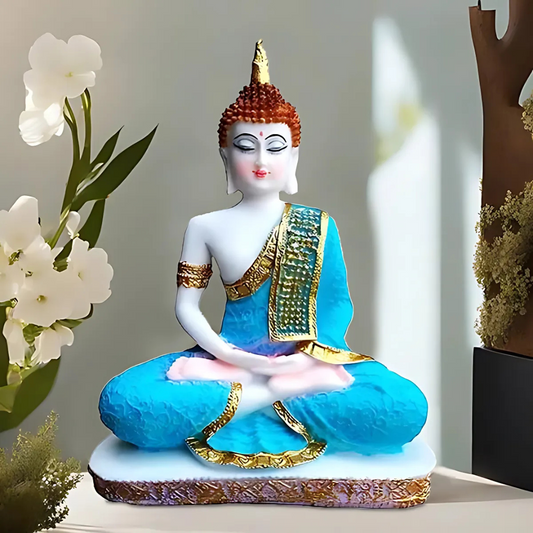 Elegant White & Blue Buddha Statue – Meditating Figurine for Home, Office, and Spiritual Decor