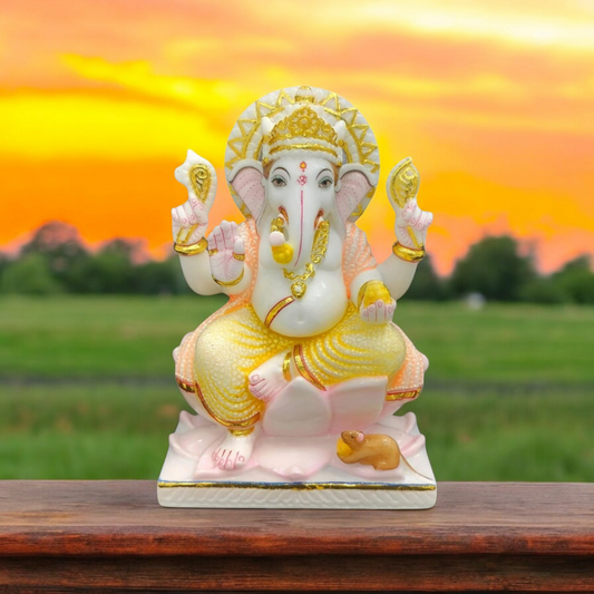 Marble Ganesh Murti Seated on Kamal – Handcrafted Lord Ganesha Idol for Home & Temple Decor