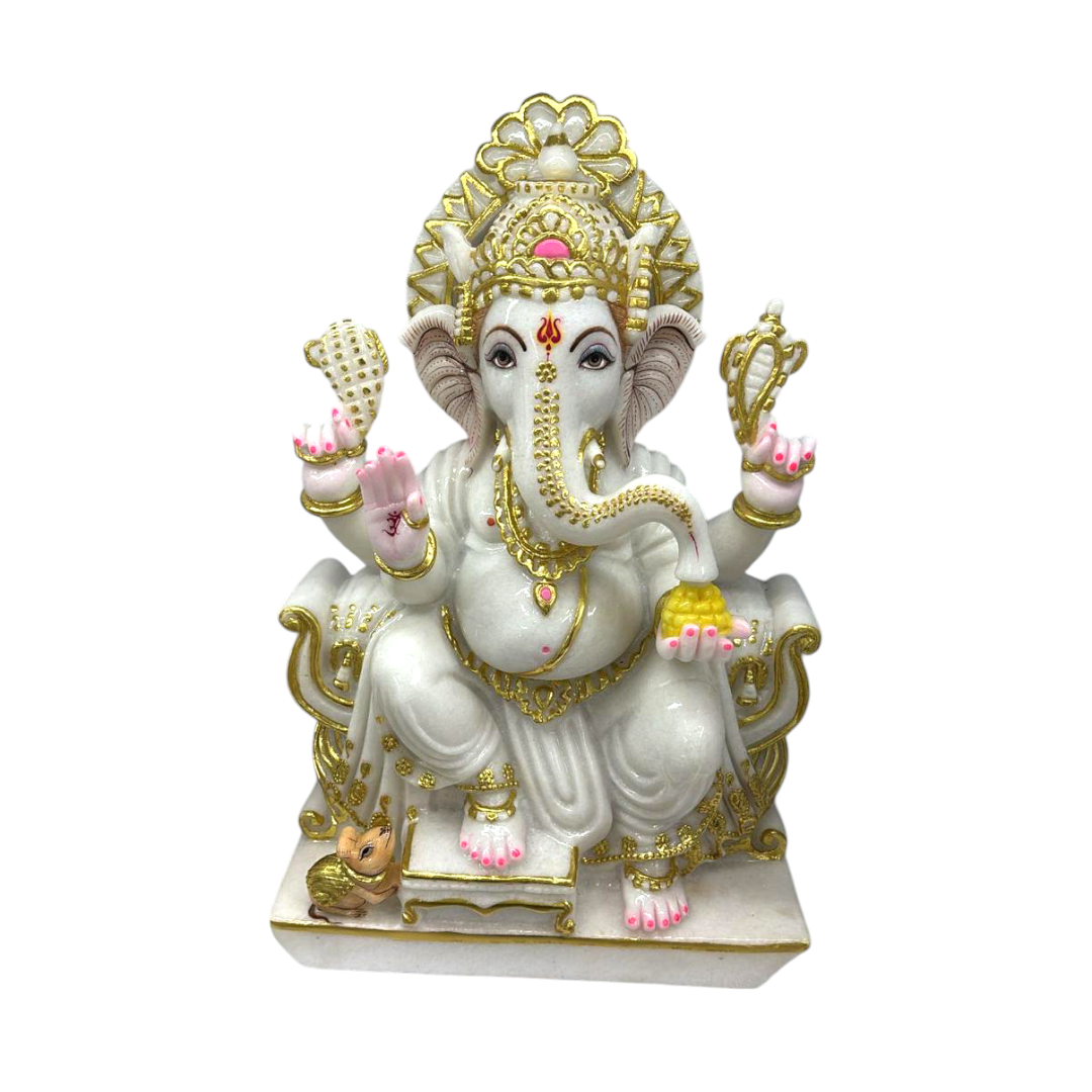 Marble Ganesh Murti Seated on Kamal – Handcrafted Lord Ganesha Idol for Home & Temple Decor