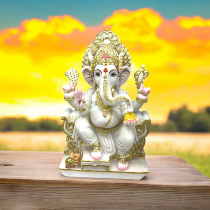 Marble Ganesh Murti Seated on Kamal – Handcrafted Lord Ganesha Idol for Home & Temple Decor