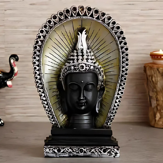 Elegant Silver & Black Polyresin Lord Buddha Head Statue with a Back Cover