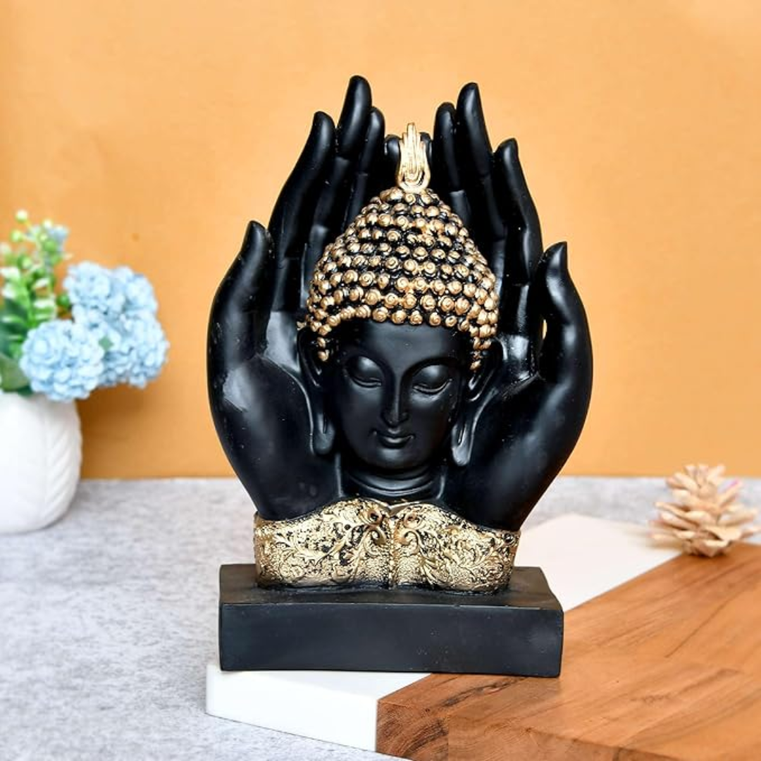 Elegant Black & Gold Buddha Head with Protective Hands – Spiritual Decor Showpiece