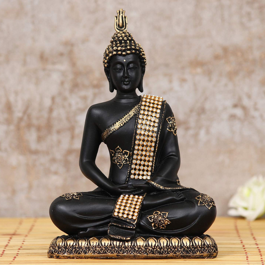 Black and Gold Meditating Buddha Showpiece – Elegant Home Decor & Spiritual Gift