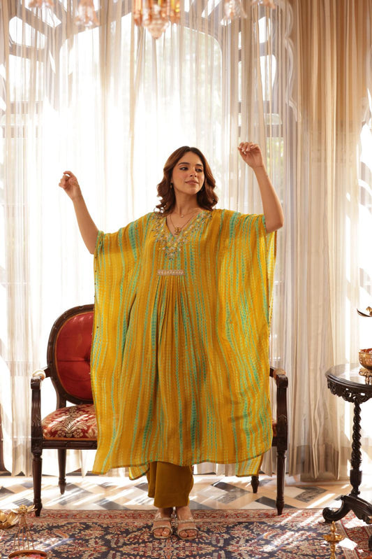 Light Green Shibori Print Pure Silk Kaftan Set – Elegant & Luxurious Loungewear