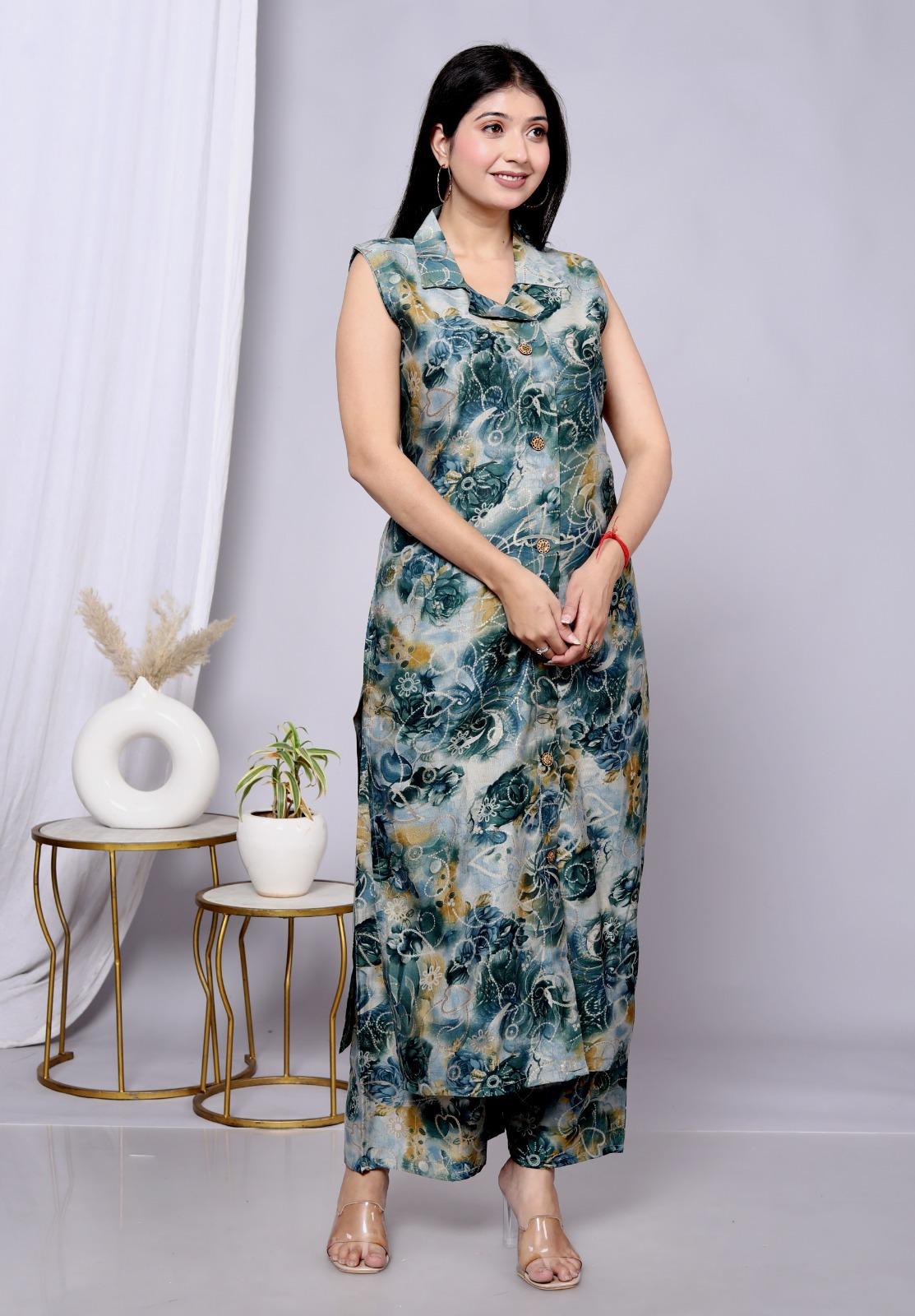 Designer Floral Printed Kurta Set for Women – V-Neck Straight Kurta & Pant Ensemble